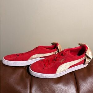 Puma Red Suede Sneakers with Gold Bow Accent for Men